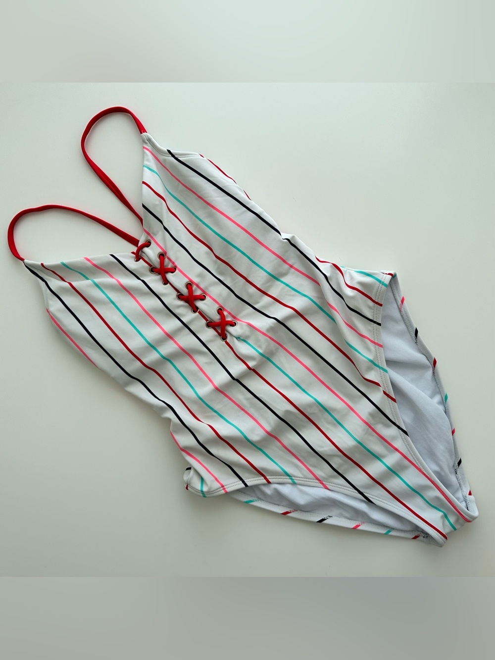 Lace up striped swimsuit- L